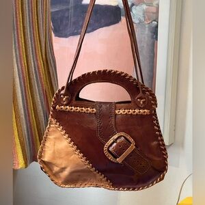 Vintage Brown Leather Patchwork Top Handle Handbag